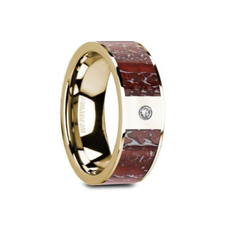 GAIA Flat 14K Yellow Gold with Red Dinosaur Bone Inlay & White Diamond Setting - 8mm