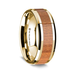 14K Yellow Gold Polished Beveled Edges Wedding Ring with Sapele Wood Inlay - 8 mm