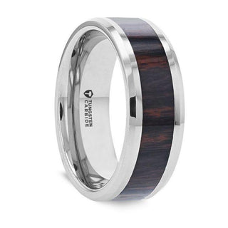 AZTEC Mahogany Inlaid Tungsten Carbide Ring with Polished Beveled Edges – 8mm