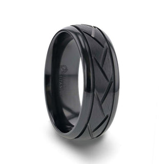 JAX Domed Black Titanium Ring with Brushed Cross Alternating Diagonal Cuts Pattern - 8mm