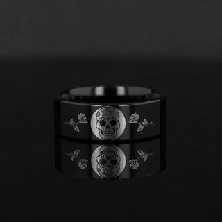 Day of the Dead Skull Engraved Print Flat Polished Black Tungsten Ring (Morpheus) - 4mm - 12mm