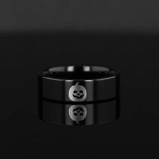 Happy Jack-O-Lantern Engraved Flat Polished Black Tungsten Ring (Morpheus) - 4mm - 12mm