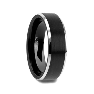 ASTON Black Brushed Center Tungsten Ring with Polished Beveled Edges - 4mm - 10mm