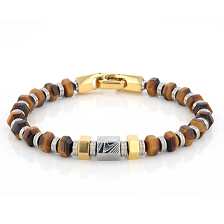 Hexagonal Tiger Eye Stone and Damascus Steel Bead Bracelet With Stainless Steel