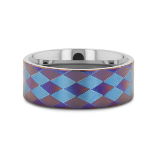 MERIDIAN Flat Titanium Ring with Purple and Blue Diamond Pattern - 8mm