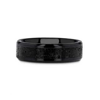 VESUVIUS Men’s Polished Black Ceramic Wedding Band with Black & Gray Lava Rock Stone Inlay & Polished Beveled Edges - 6mm & 8mm