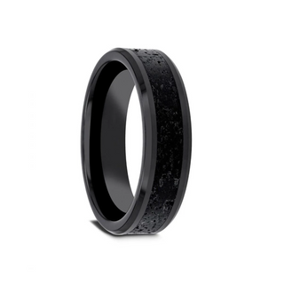 VESUVIUS Men’s Polished Black Ceramic Wedding Band with Black & Gray Lava Rock Stone Inlay & Polished Beveled Edges - 6mm & 8mm