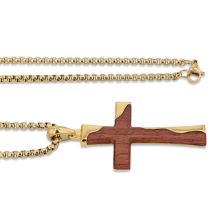 Gold Stainless Steel Cross Pendant With Bubinga Wood Inlay and 22in Matching Chain