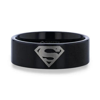 Superman Symbol Hero Black Tungsten Engraved Ring - 2mm - 12mm