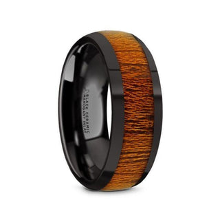 MABINI Black Ceramic Mahogany Wood Inlaid Men’s Domed Wedding Band with Polished Finish - 8mm