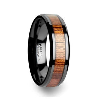 ACACIA Koa Wood Inlaid Black Ceramic Ring with Bevels - 4mm - 12mm