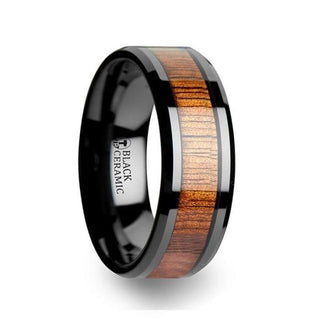 ACACIA Koa Wood Inlaid Black Ceramic Ring with Bevels - 4mm - 12mm