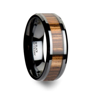 ZEBRANO Black Ceramic Ring with Beveled Edges and Real Zebra Wood Inlay - 4mm - 10mm