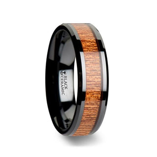 BENIN Black Ceramic Wedding Band with Polished Bevels and African Sapele Wood Inlay - 6mm - 10mm