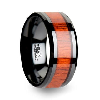 BOSULU Black Ceramic Ring with Polished Bevels and Padauk Real Wood Inlay - 6mm - 10mm