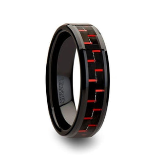 ANTONIUS Beveled Black Ceramic Ring with Black & Red Carbon Fiber - 4mm - 10mm