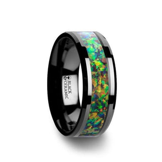 GALACTIC Black Ceramic Wedding Band with Beveled Edges and Blue & Orange Opal Inlay - 8mm