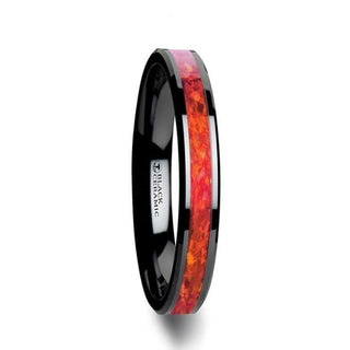 NOVA Black Ceramic Wedding Band with Beveled Edges and Red Opal Inlay - 4mm