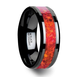 NOVA Black Ceramic Wedding Band with Beveled Edges and Red Opal Inlay - 4mm