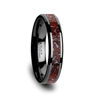 TRIASSIC Red Dinosaur Bone Inlaid Black Ceramic Beveled Edged Ring - 4mm & 8mm