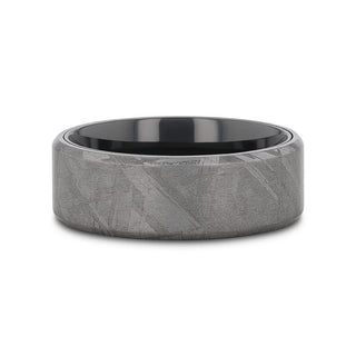 DIEMOS Flat Black Titanium Ring with Meteorite and Beveled Edges - 8mm