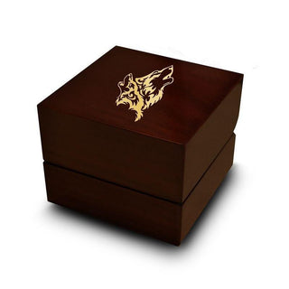 Double Wolf Head Print Engraved Wood Ring Box Chocolate Dark Wood Personalized Wooden Wedding Ring Box