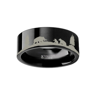 Animal Landscape Scene Bears Bear Cubs Ring Engraved Flat Black Tungsten Ring - 4mm -12mm