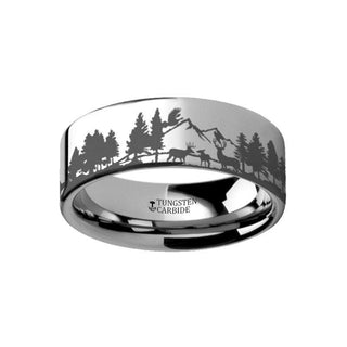 Animal Landscape Scene Reindeer Deer Stag Mountain Range Ring Engraved Flat Tungsten Ring - 4mm - 12mm