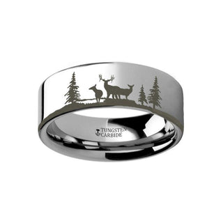 Animal Landscape Scene Reindeer Deer Stag Ring Engraved Flat Tungsten Ring - 4mm - 12mm