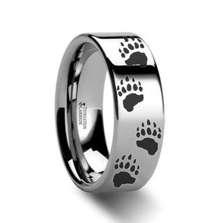 Animal Track Bear Paw Print Ring Engraved Flat Tungsten - 4mm - 12mm