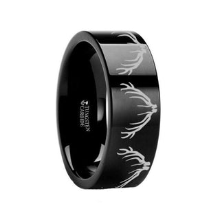 Deer Elk Antler Engraved Ring Flat Black Tungsten Ring Polished- 4mm - 12mm