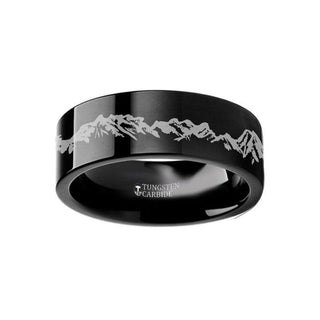 Peaks Mountain Range Outdoors Landscape Ring Engraved Flat Black Tungsten Ring - 4mm - 12mm