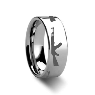 AK-47 Firearm AK47 Design Ring Engraved Flat Tungsten Ring - 4mm - 12mm