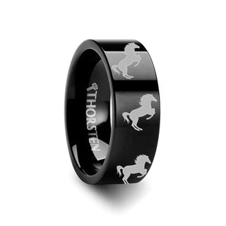 Animal Horse Hind Legs Print Ring Engraved Flat Black Tungsten Ring - 4mm - 12mm