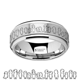 Spinning Engraved Princess Mononoke Kodama Sprites Tungsten Carbide Spinner Wedding Band - 8mm