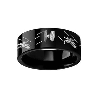 Tie Fighter X-Wing Design Black Tungsten Engraved Ring - 4mm - 12mm