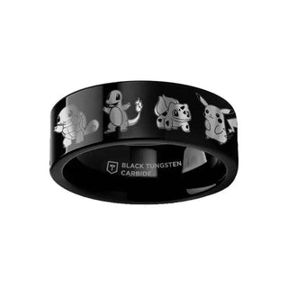 Engraved Starter Pokemon Pikachu Charmander Squirtle Bulbasaur Black Tungsten Ring Flat and Polished - 4mm - 12mm