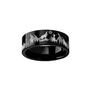 Howling Wolf Moon Mountain Ring Engraved Flat Black Tungsten Polished - 4mm - 12mm