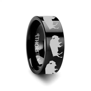 Animal Silhouette Buffalo Ring Engraved Flat Black Tungsten Ring - 4mm - 12mm