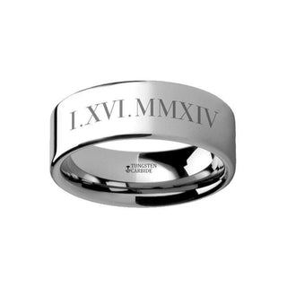 Roman Numeral Date Engraved Flat Tungsten Ring Polished - 4mm - 12mm