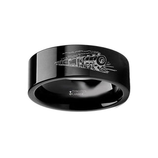 Train Conductor Railroad Landscape Ring Engraved Flat Black Tungsten Ring - 4mm - 12mm