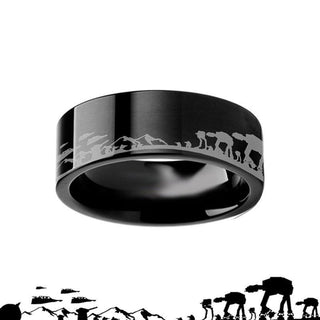 Hoth Battle Star Wars Alliance Galactic Imperial Invasion ATAT ATST Black Tungsten Engraved Ring - 4mm - 12mm