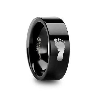 Footprint Engraved Flat Pipe Cut Black Tungsten Ring Polished - 4mm - 12mm