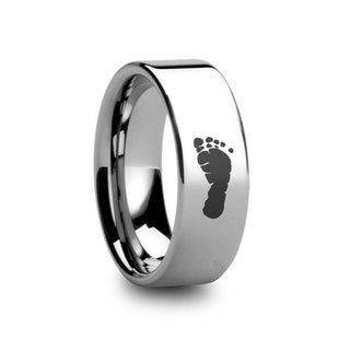 Footprint Engraved Flat Pipe Cut Tungsten Ring Polished - 4mm - 12mm