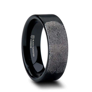 Fingerprint Engraved Flat Pipe Cut Black Tungsten Ring Brushed - San Antonio - 4mm - 12mm