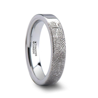 Fingerprint Engraved Flat Pipe Cut Tungsten Ring Polished - Spartan - 4mm - 12mm