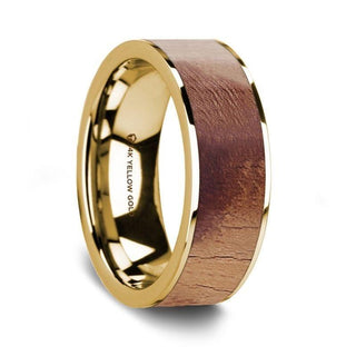 Flat Polished 14K Yellow Gold Men's Wedding Band with Olive Wood Inlay - 8 mm