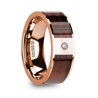 PETROS Red Wood Inlaid Polished 14k Rose Gold Men’s Wedding Ring with Diamond Center - 8mm