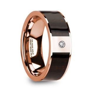 ROMANOS Men’s Polished 14k Rose Gold & Ebony Wood Inlaid Wedding Ring with Diamond Center - 8mm