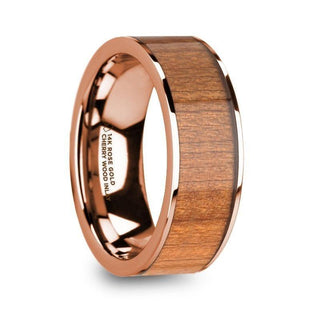 ZACHEUS Polished 14k Rose Gold & Cherry Wood Inlay Men’s Flat Wedding Ring - 8mm